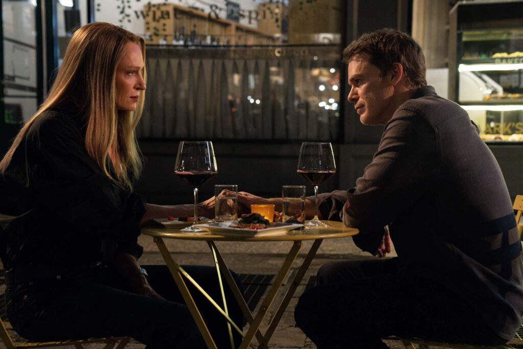 L-R: Uma Thurman as Charley and Michael C. Hall as Dexter Morgan in Dexter: Resurrection, episode 2, season 2, streaming on Paramount+, 2026. Photo Credit: Matt Infante/Paramount+.