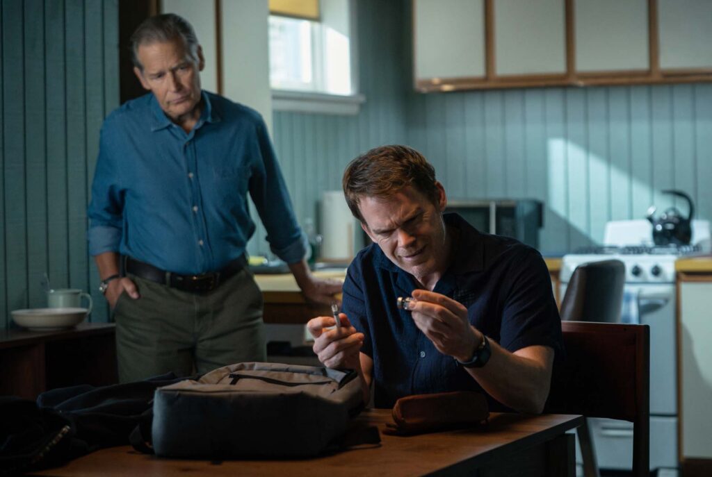 L-R: James Remar as Harry Morgan and Michael C. Hall as Dexter Morgan in Dexter: Resurrection, episode 3, season 2, streaming on Paramount+, 2026. Photo Credit: Matt Infante/Paramount+.
