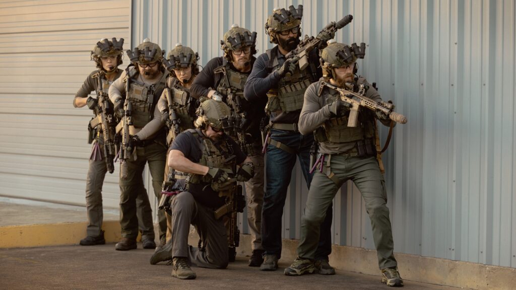 L-R: Laysla De Oliveira as Cruz, Austin Hébert as Randy, Jill Wagner as Bobby, James Jordan as Two Cups, Jonah Wharton as Tex, LaMonica Garrett as Tucker, Thad Luckinbill as Kyle in episode 4, season 3, streaming on Paramount+, 2026. Photo Credit: Lauren Smith/Paramount+.