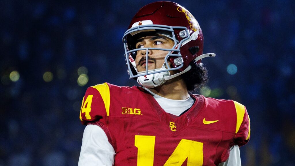 USC Trojans quarterback Jayden Maiava (14) stands on the sidelines during a timeout against UCLA at the Coliseum on November 29, 2025 in Los Angeles, California.
