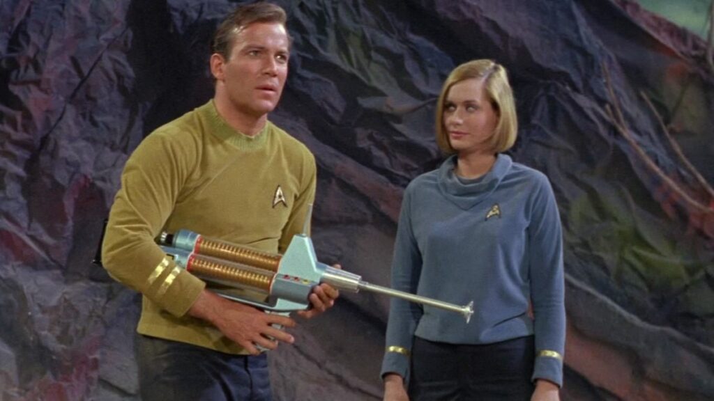 William Shatner as Capt. James T. Kirk. Sally Kellerman guest stars on Star Trek original series pilot