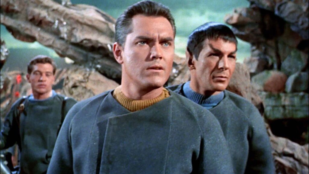 Jeffrey Hunter as Christopher Pike and Leonard Nimoy as Spock in The Cage Star Trek pilot