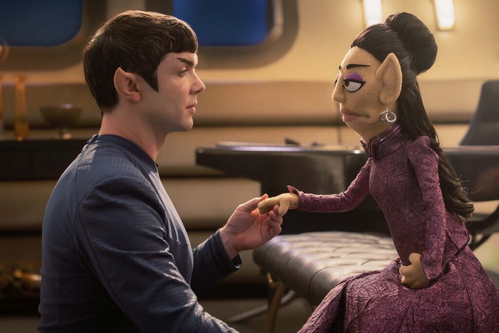 Spock (Ethan Peck) and the puppet version of T’Pring (Gia Sandhu) in Season 4, Episode 5 of Star Trek: Strange New Worlds.