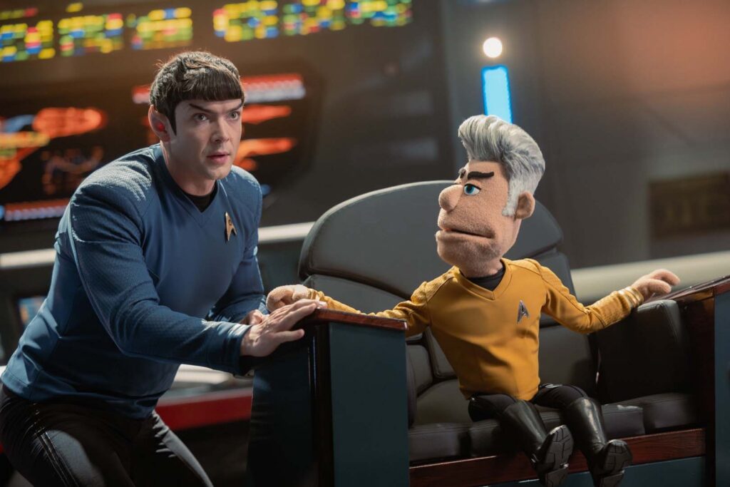 Spock (Ethan Peck) and the puppet version of Capt. Pike (Anson Mount) in Season 4, Episode 5 of Star Trek: Strange New Worlds.
