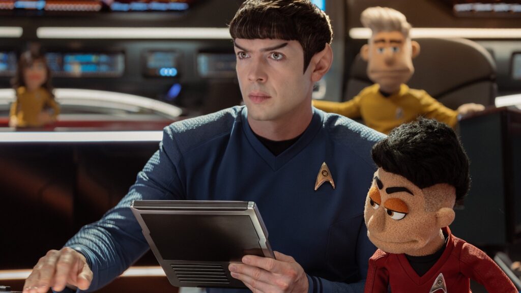 Spock (Ethan Peck) and the puppet version of Lt. Ortegas (Melissa Navia) in Star Trek: Strange New Worlds