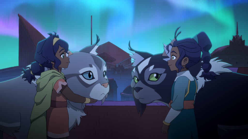 Pavi, Nisha e um companheiro animal aparecem juntos em cena do segundo episódio de Avatar: Seven Havens