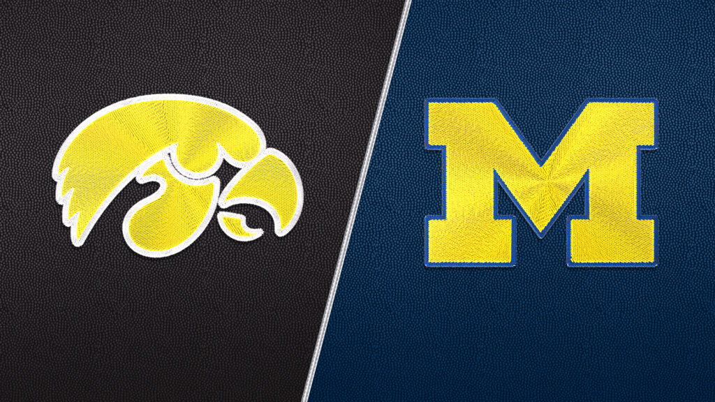 Logos of college football foes Iowa and Michigan