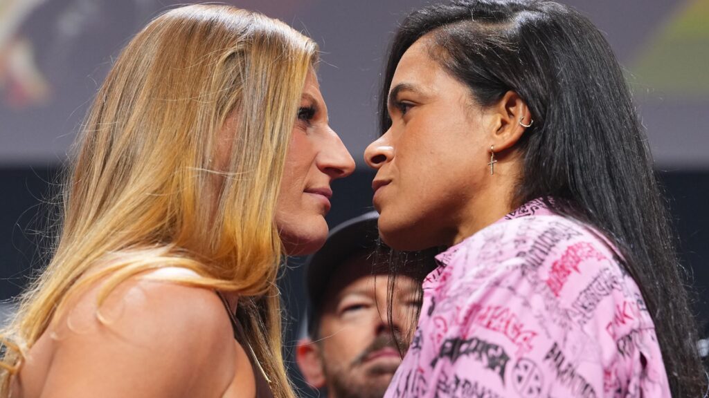Opponents Kayla Harrison and Amanda Nunes face off during the UFC It's On Seasonal Press Conference at T-Mobile Arena on December 05, 2025 in Las Vegas, Nevada.