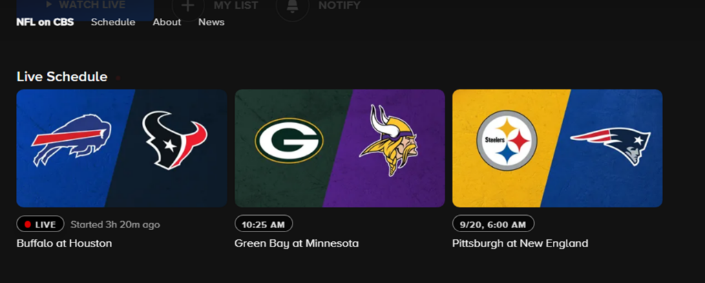 Screenshot of NFL on CBS game schedule on Paramount+