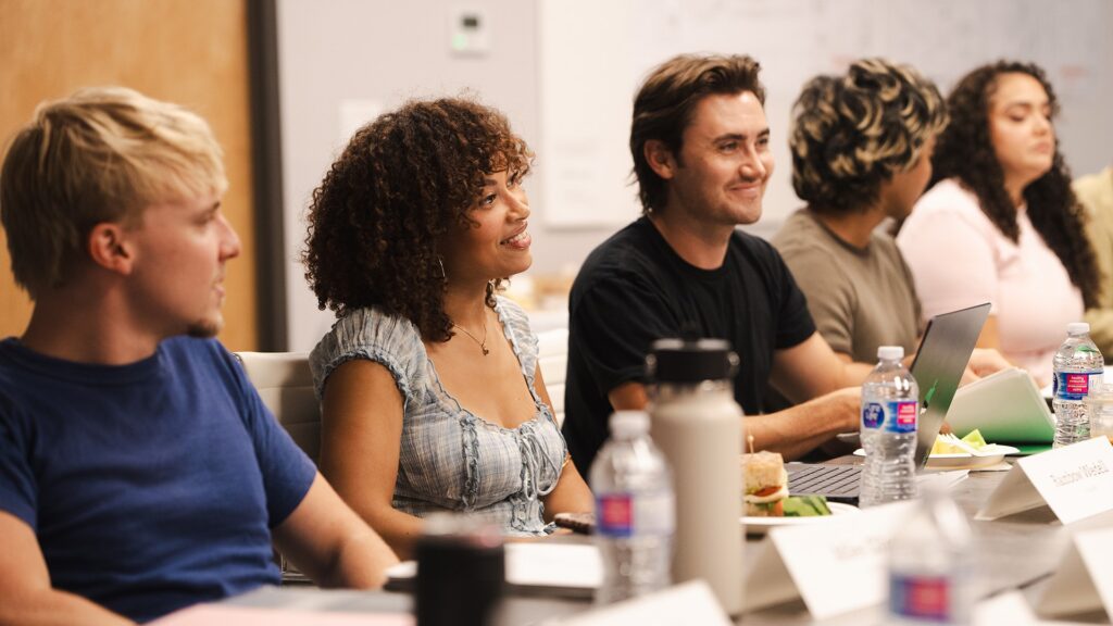 From left to right, Miles Eliot (who plays Yuri), Rainbow Wedell (who plays Claire Zomer), Spencer MacPherson (who plays Xavier Baxter), Kristian Ventura (who plays Simon Elroy), and Kiara Pichardo (who plays Nicole Herrera) prep for the reading of School Spirits Season 4
