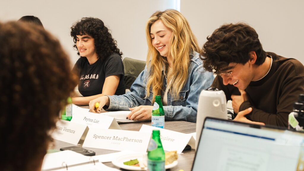 From left to right, Sarah Yarkin (who plays Rhonda), Peyton List (who plays Maddie Nears), and Nick Pugliese (who plays Charley) dig into their scripts for School Spirits Season 4