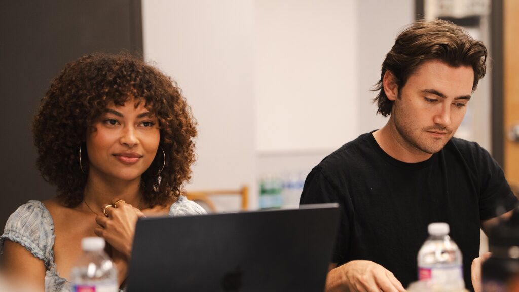 Rainbow Wedell (who plays Claire Zomer) and Spencer MacPherson (who plays Xavier Baxter) at School Spirits Season 4 table read