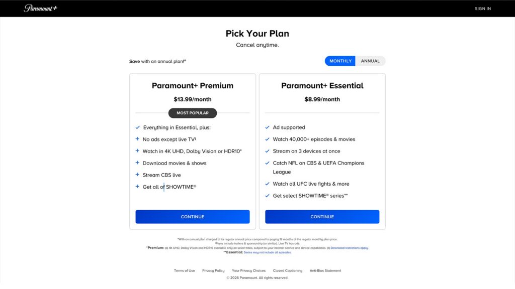 Screenshot of Paramount+ plan info