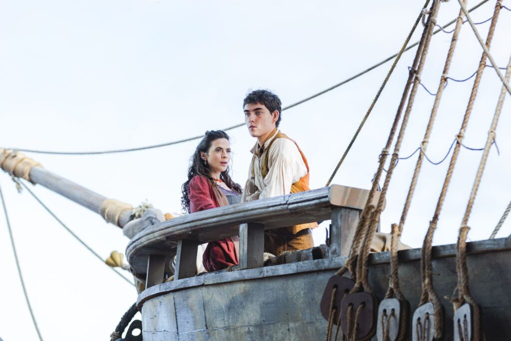 Hayley Atwell and Tom Sweet as Bess and Jim Hawkins aboard the Hispaniola in Treasure Island
