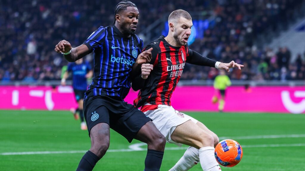 MILAN, ITALY - 2025/11/23: (L-R) Marcus Thuram of FC Internazionale and Strahinja Pavlovic of AC Milan during Serie A 2025/26 football match between FC Internazionale and AC Milan at San Siro Stadium. Final Score: Inter 0 - 1 Milan