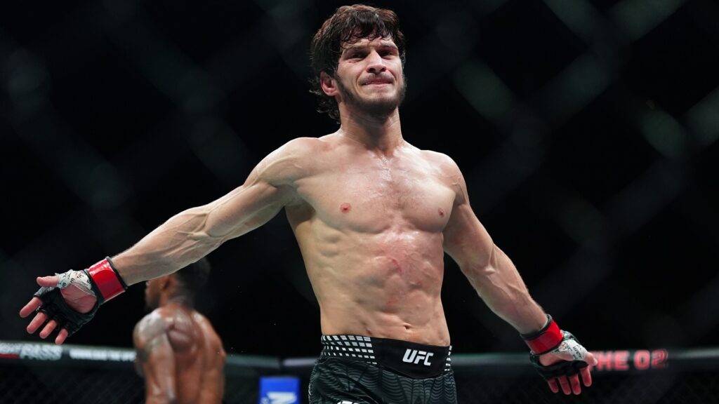 Movsar Evloev reacts to a point deduction during his Featherweight Bout against Lerone Murphy during UFC Fight Night at The O2, London. Picture date: Saturday March 21, 2026. (Photo by Bradley Collyer/PA Images via Getty Images)