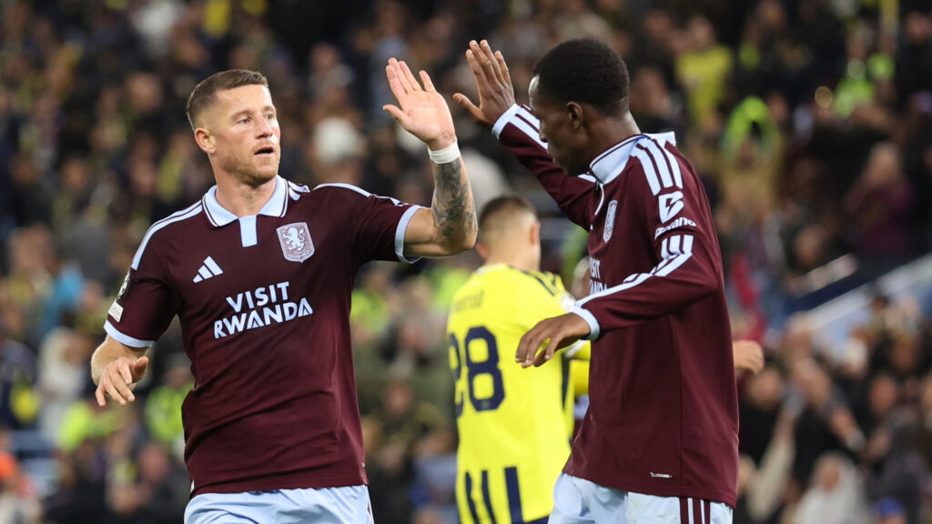 BIRMINGHAM, ENGLAND - OCTOBER 14: Ross Barkley of Aston Villa celebrates after scoring a goal to make it 5-0 with Nicolas Jackson of Aston Villa  during the UEFA Champions League 2026/27 League Phase MD2 match between Aston Villa FC and Fenerbahce SK at Villa Park on October 14, 2026 in Birmingham, England