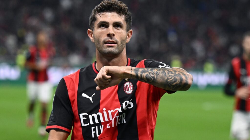 MILAN, ITALY - OCTOBER 18: Christian Pulisic of Milan celebrates his goal annulled by VAR decision during the Serie A match between AC Milan and Atalanta BC at Stadio Giuseppe Meazza on October 18, 2026 in Milan, Italy.
